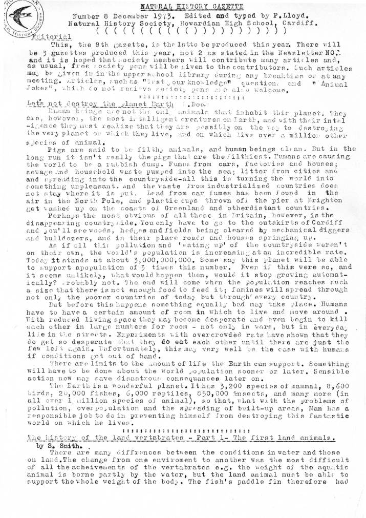 Natural History Gazette
No. 8 December 1973