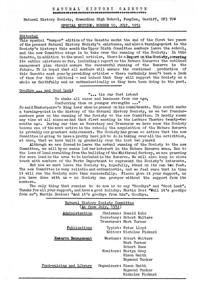 Natural History Gazette
No. 10 July 1974