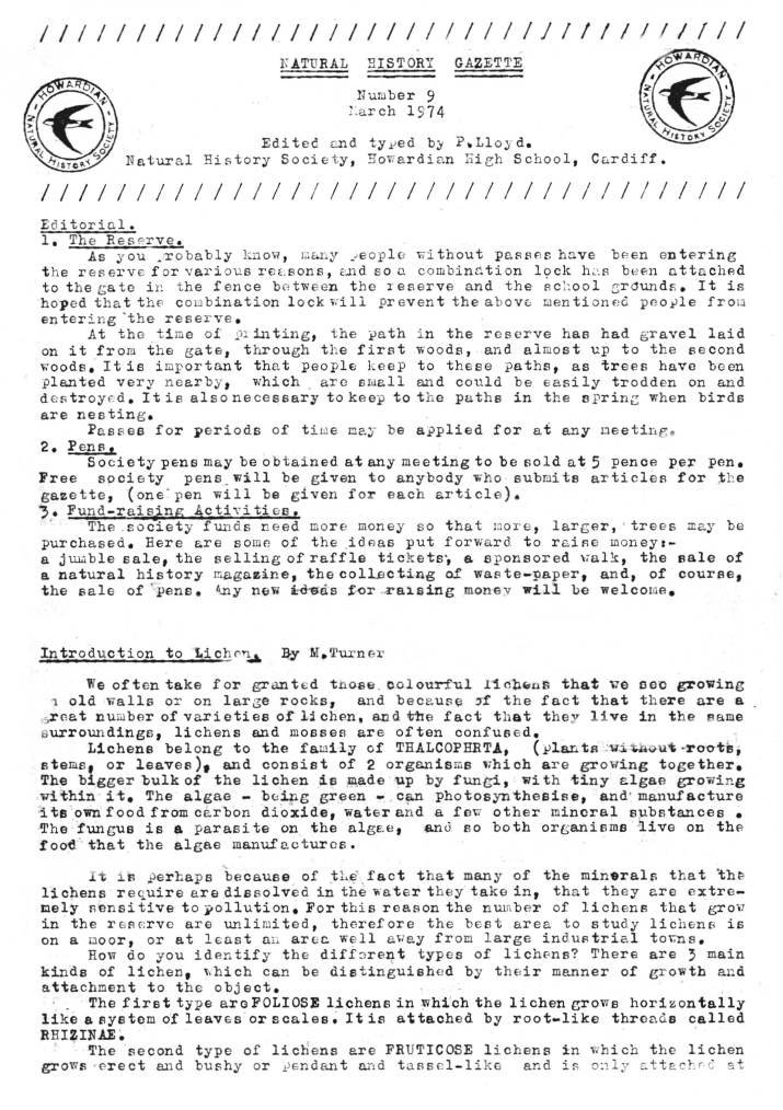 Natural History Gazette
No. 9 March 1974