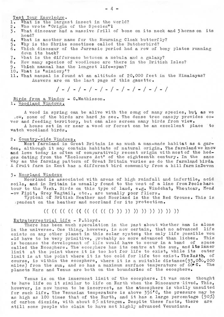 Natural History Gazette
No. 12 November 1974