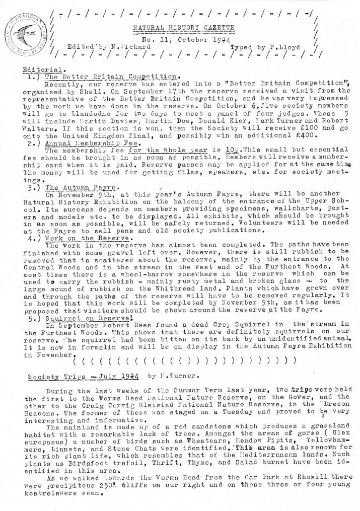 Natural History Gazette
No. 11 October 1974