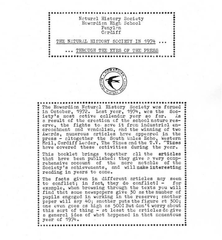 Natural History Society
Howardian High School
Press Review 1974