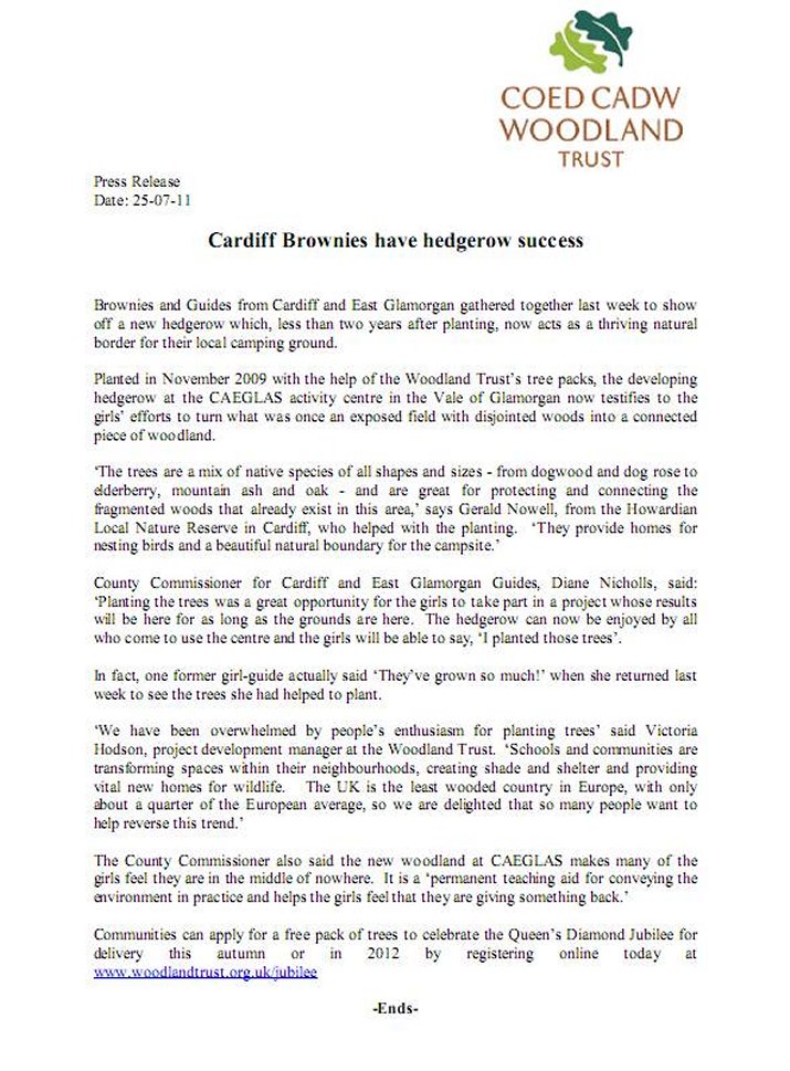 Caeglas Hedgerow press release